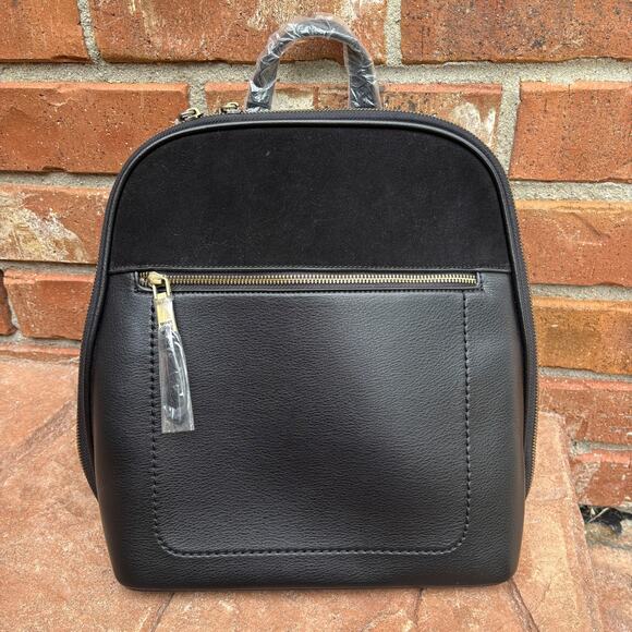 BRAND NEW Black Faux Leather Backpack with Real Suede Front & Gold Zip Detail - Picture 1 of 8